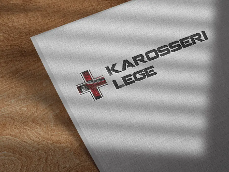 Logo firmy 'Karosseri Lage' wydrukowane na papierze o wyraźnej fakturze.